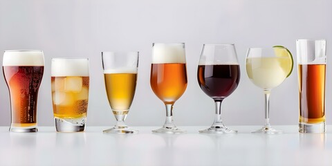 Various beverages in motion including tea beer whiskey wine coffee and more. Concept Tea, Beer, Whiskey, Wine, Coffee in Motion
