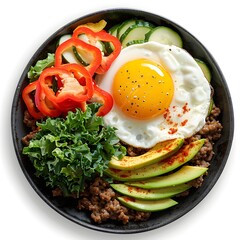 Keto Breakfast Sunny-Side-Up Egg on Grilled Meat with Cucumber and Tomato