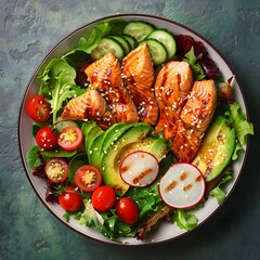 Delicious Keto Bowl with Salmon and Fresh Vegetables
