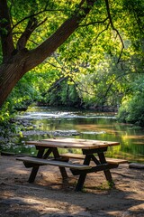 Obraz premium Picnic Table by a Shaded Stream. A picnic table situated by a shaded stream, with a softly blurred background of trees and water. 