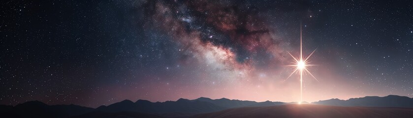 Fototapeta premium Stunning night sky view with the Milky Way, bright star, and silhouettes of mountains capturing the serene beauty of the universe.