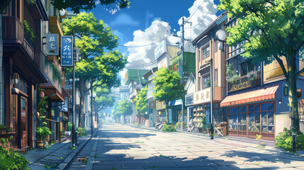 Naklejka premium Anime style city illustration colorful vibrant painted style cityscape