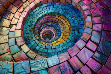 Naklejka premium A spiral staircase or pathway of small colorful bricks, symbolizing the evolutionary journey of ideas or beings. 