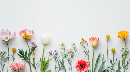 Fototapeta premium Spring flowers in full bloom on white background with space for text