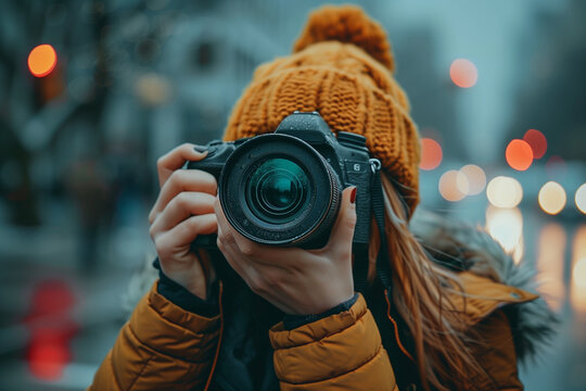 young woman in winter outfit yellow beanie taking pictures with camera - Powered by Adobe