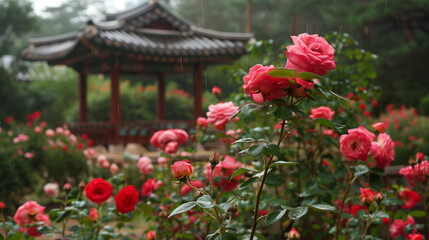 Obraz premium chinese temple with roses in the park