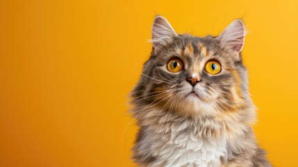 Surprised calico British Longhair cat with wide open yellow eyes on yellow background with space for text
