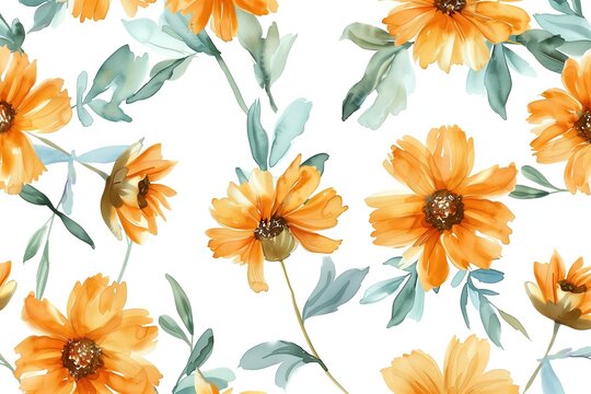 Minimalist Marigold Elegance, Turquoise and Marigold, Seamless Pattern with Flowers and Leaves. Hand Drawn Background. Floral Pattern for Wallpaper, Fabric, Textile, Fashion, Print