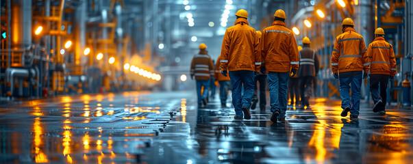 A group of men in orange jackets walk down a wet street. Concept of caution and safety, as the workers are wearing reflective vests and hard hats