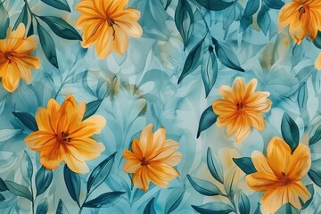 Vibrant Marigold Garden, Turquoise and Marigold, Seamless Pattern with Flowers and Leaves. Hand Drawn Background. Floral Pattern for Wallpaper, Fabric, Textile, Fashion, Print