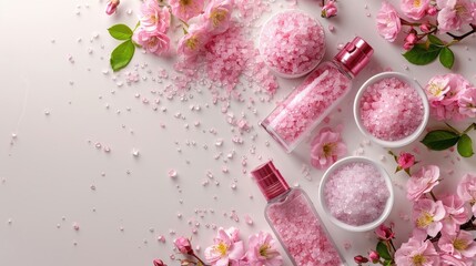 Naklejka na ściany i meble Rose infused sea salt and bath products on white background with copy space Top view of pink pastel cosmetic display