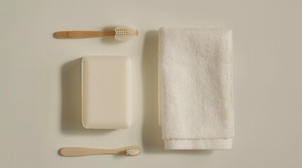Obraz premium A flat lay of a single soap bar, a small towel, and a minimalist toothbrush holder on a clean surface