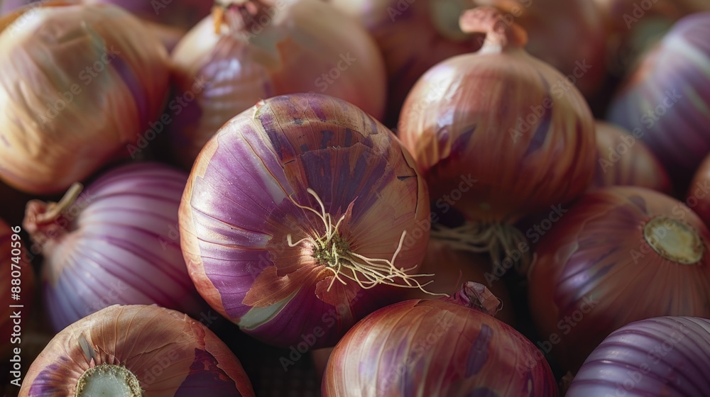 Poster a pile of onions stacked vertically, ideal for use in food photography or as a still life image