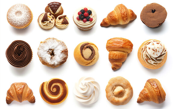 collection set fresh bakery cupcake,  donut, sweet pastries on white background