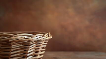 Obraz premium Woven basket on brown backdrop with blurred background and space for text