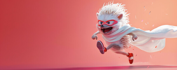 A superhero hedgehog in a white cloak and mask, jumping dynamically on a pink background. The hedgehog's energetic movement and the playful colors create a captivating image.