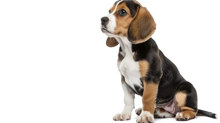 Tricolor Beagle puppy sitting on the right side cute dog isolated on white with copy space