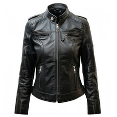 A stylish black women's leather jacket with a zippered front and side pockets, isolated on white background.