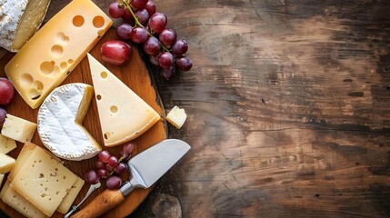 A flat lay of different cheeses, a cheese knife, and some grapes on a rustic wooden board