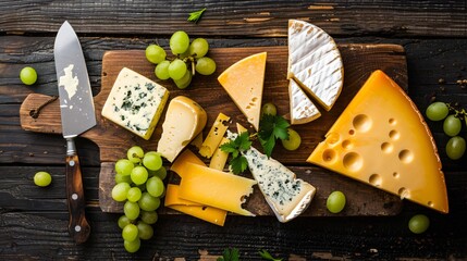A flat lay of different cheeses, a cheese knife, and some grapes on a rustic wooden board