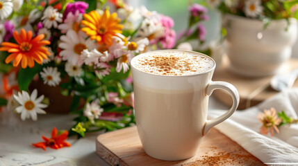Warm latte with cinnamon in white ceramic mug, surrounded by colorful spring flowers on sunny morning