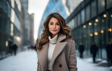 Obraz premium pretty woman smart and confident look smiling walking in urban city street, business woman with optimistic mood