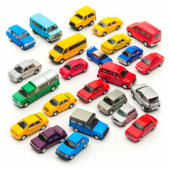 A set of colorful toy cars and trucks, isolated on white background.