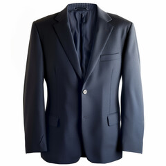 A formal navy blue blazer with a single-breasted design and notched lapel, isolated on white background.