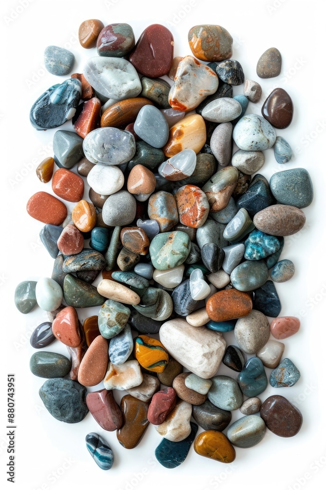Poster a collection of variously colored rocks arranged on a clean white surface