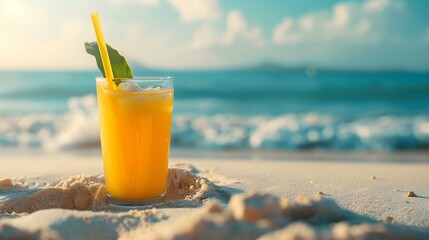 Close Up of a yellow Drink on a Tropical Beach. Beautiful Summer Vacation Background