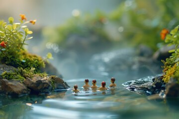 Tranquil Hot Spring Retreat: Miniature Figurines in Serene Mountain Setting