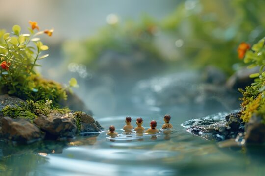 Tranquil Hot Spring Retreat: Miniature Figurines in Serene Mountain Setting
