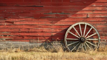 Obraz premium Old broken wooden wagon wheel by red barn in sunlight with space for text