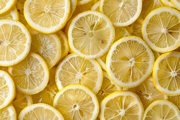 Bright yellow lemon slices arranged in an overhead view with visible seeds, creating a lively and refreshing visual effect. Translucent lemons cut into round and rectangular shapes 