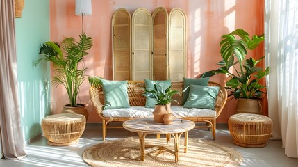 A living room with soft peach and pink walls, adorned with wicker furniture, pastel green pillows, plants, a wooden screen, a coffee table with natural elements.