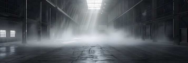 a dark smokey empty warehouse with the viewpoint positioned center and on the floor