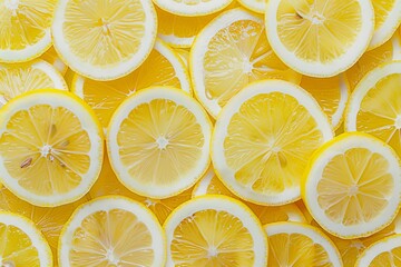 Bright yellow lemon slices arranged in an overhead view with visible seeds, creating a lively and refreshing visual effect. Translucent lemons cut into round and rectangular shapes 