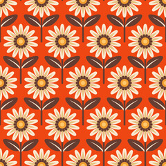 seamless pattern in retro style with abstract beige daisy on a brown stem with leaves on a red background. floral pattern with one repeating element.