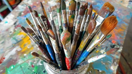 Selection of paint brushes in a glass jar in a pottery studio viewed from above