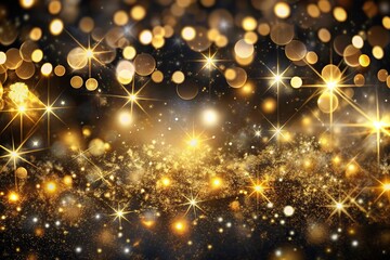 Luxurious black and gold holiday wallpaper features blurred golden sparkles and abstract Christmas lights, perfect for elegant wedding or festive celebration backgrounds.