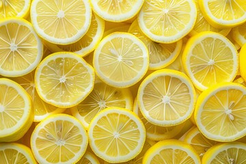 Bright yellow lemon slices arranged in an overhead view with visible seeds, creating a lively and refreshing visual effect. Translucent lemons cut into round and rectangular shapes 