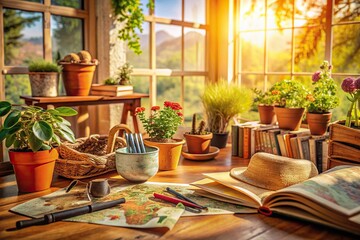 Obraz premium Cozy sunlit room with books, gardening tools, and travel maps, surrounded by warm colors, symbolizing a happy, active, and fulfilling retirement life filled with new experiences.