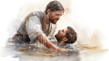 Christian man, guided by his father, embraced his faith through baptism ceremony in river, symbolizing his devotion to Christ and commitment to his religion. christian, baptism, man, faith, father.
