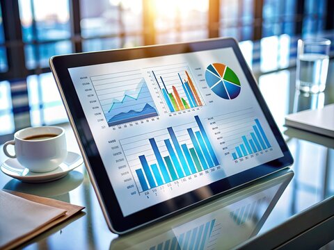 A sleek digital tablet displays intricate data analytics charts and graphs, illuminating modern business strategy and informed decision-making, fueled by cutting-edge analysis technologies.
