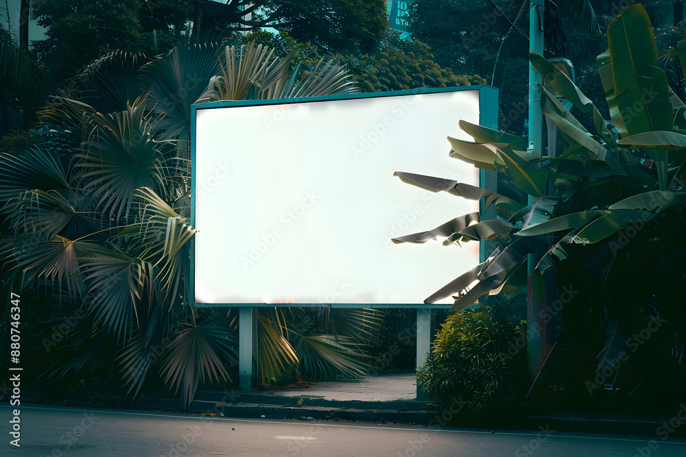 Wall mural mockup of empty blank white neon signboard on street green plants or garden landscaping lush environmental friendly eco jungle like sidewalk as wide banner poster