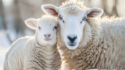 Obraz premium A mother sheep and her lamb, both with pure white wool, cuddle together in the barnyard on Easter morning.