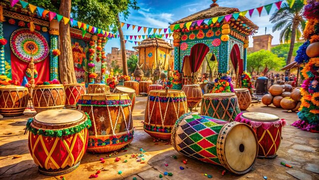 Vibrant colors and ornate decorations adorn a deserted festival setting, with traditional drums and instruments scattered around, evoking the energy of a joyful celebration.