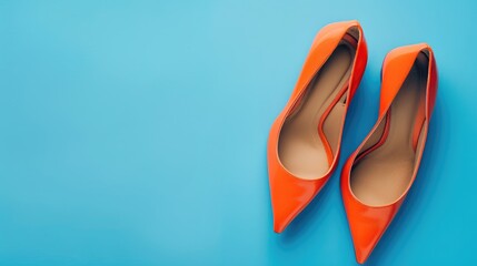 Stylish ballerina shoes with pointed toes and bright orange low heels on blue background DP