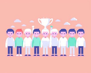 Global soccer field, players and silver trophy, flat design illustration