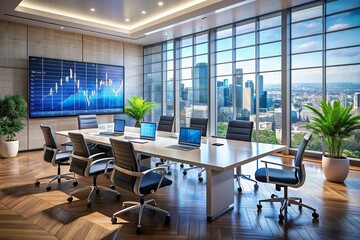 Modern office setting with sleek furniture, large screen displays, and scattered financial charts and graphs, conveying a sense of dynamic business and strategic planning.